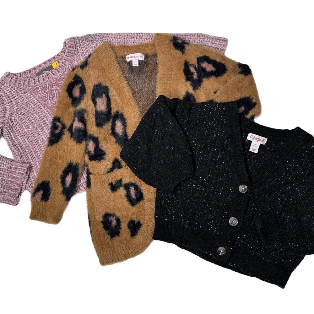 Toddler Girl 2T Sweater Bundle Lot Black Leopard Pink Soft Knit